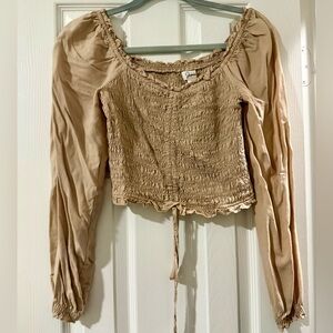 Beige Smocked Long-Sleeve Crop Top